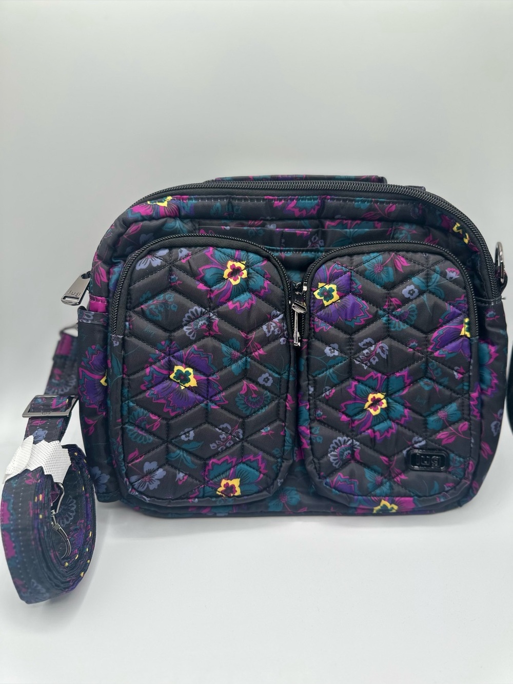 Lug Navigator Boho Floral Top Handle Crossbody Bag Black Purple Floral